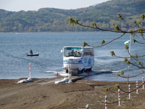 山中湖 水陸両用バス 湖面から陸に上がる様子2